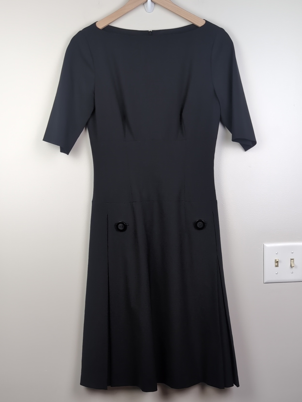 Reiss | Black Wool Midi Dress with Elbow Sleeves and Front Button Detail | 10